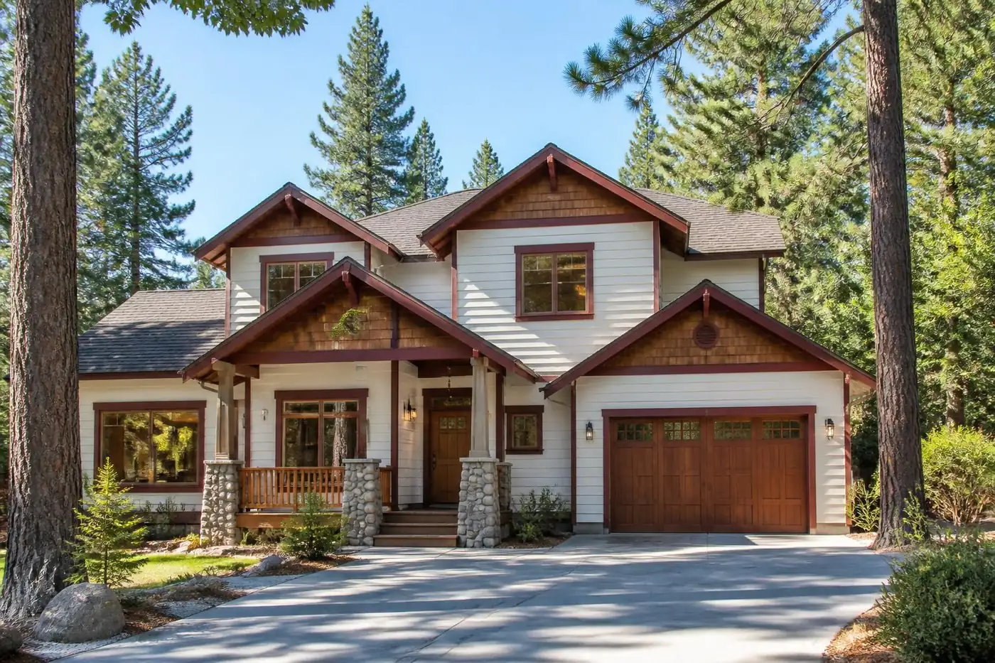Freshly painted craftsman home among the pines in the San Bernardino Mountains